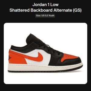 YOUTH SIZE 5.5Y - Jordan 1 Low Shattered Backboard Alternate (GS) 553560-081 NEW